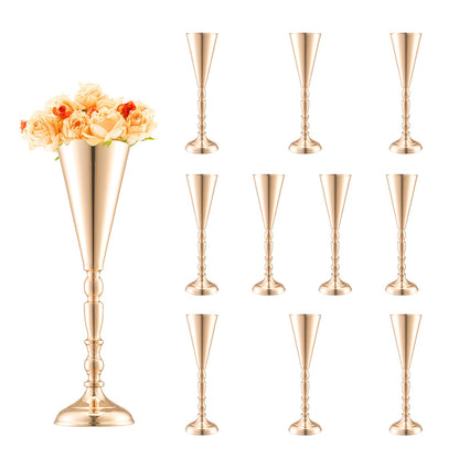 10 STK 43cm/16,9” hög bröllopsblommavas metall guldtrumpet för bord