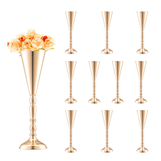10 STK 43cm/16,9” hög bröllopsblommavas metall guldtrumpet för bord