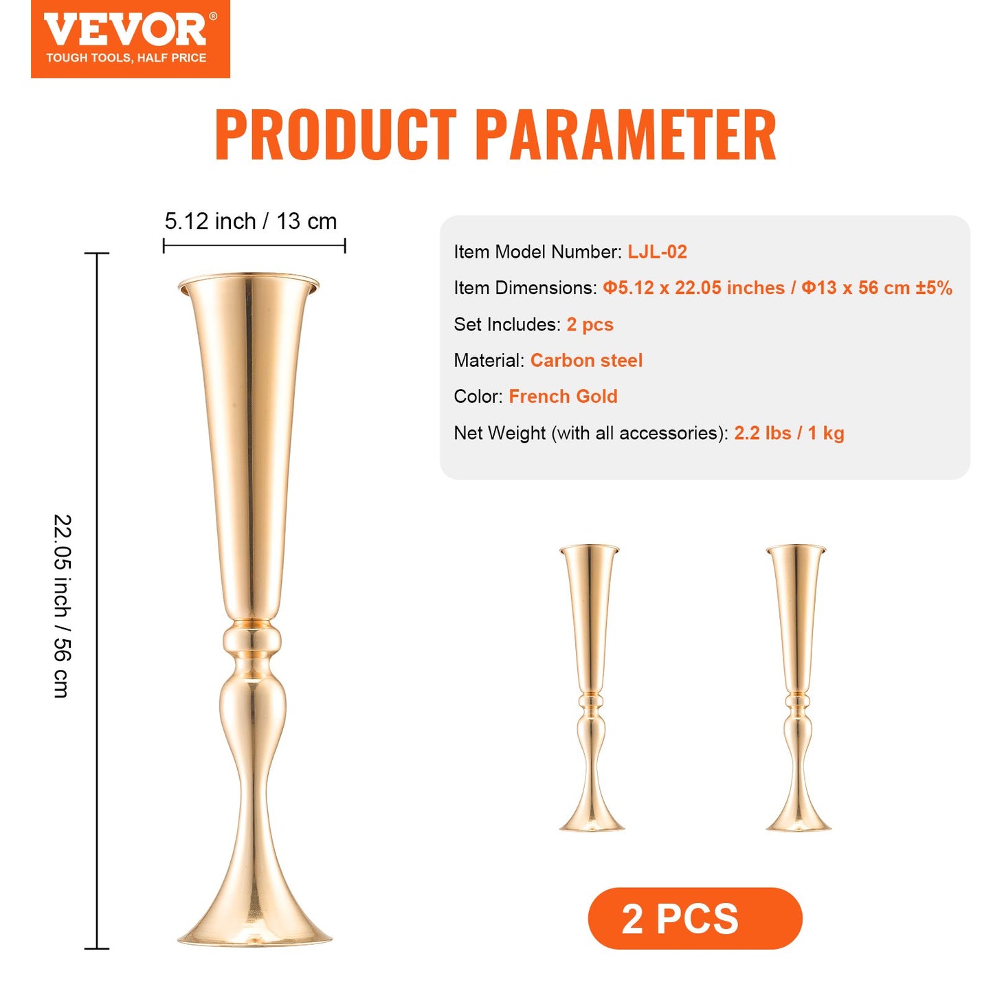 2 STK 56cm/22,05” Hög bröllopsblommavas Metall Guld Trumpet för bord