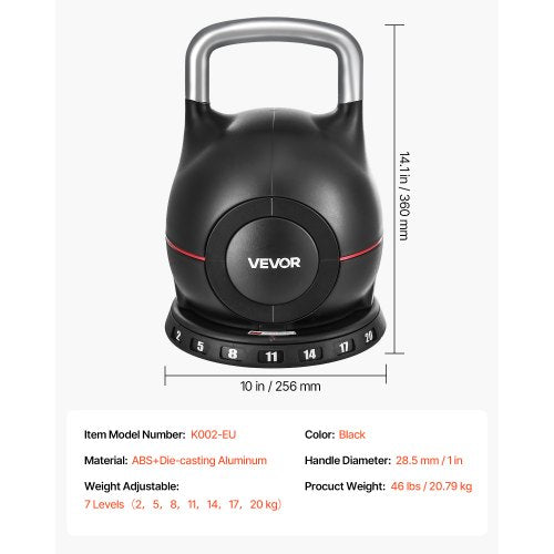 Justerbar Kettlebell med 7 viktnivåer 2/5/8/11/14/17/20 kg (Svart) |  EU