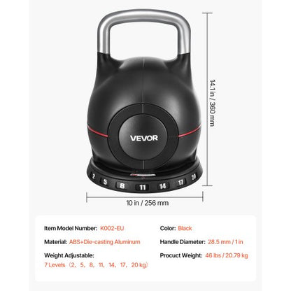 Justerbar Kettlebell med 7 viktnivåer 2/5/8/11/14/17/20 kg (Svart) |  EU