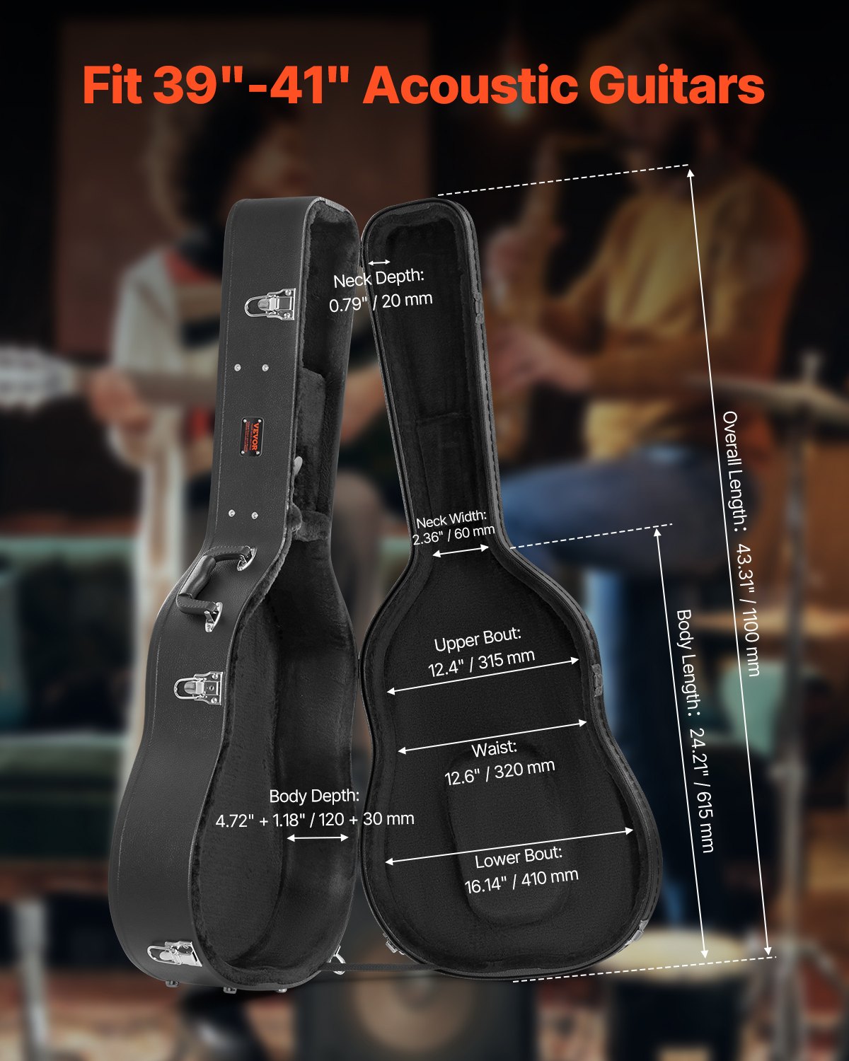 Acoustic guitar hard case 43.31 in with lock and keys for acoustic guitar