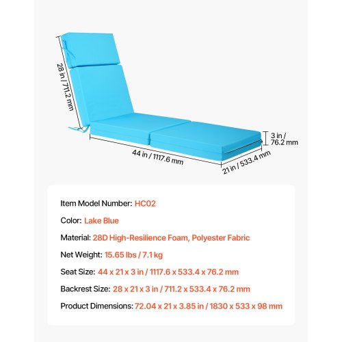 Set of 2 outdoor chaise lounge cushions, 190 x 51 cm, waterproof, thick | EU