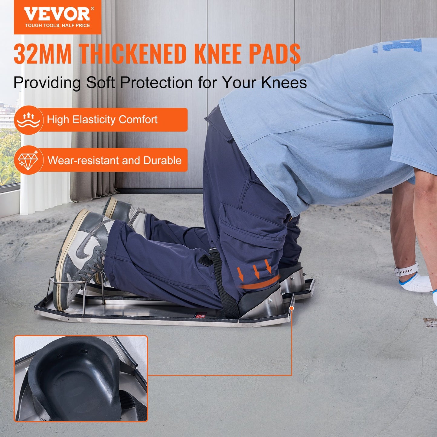 Betong Knee Boards Slider Knee Boards 28” x 8” Kneeler Board Rostfritt stål Kneedboards Betong Sliders Par rörliga skjutreglage med betong knäskydd & bräde band för betongfinish