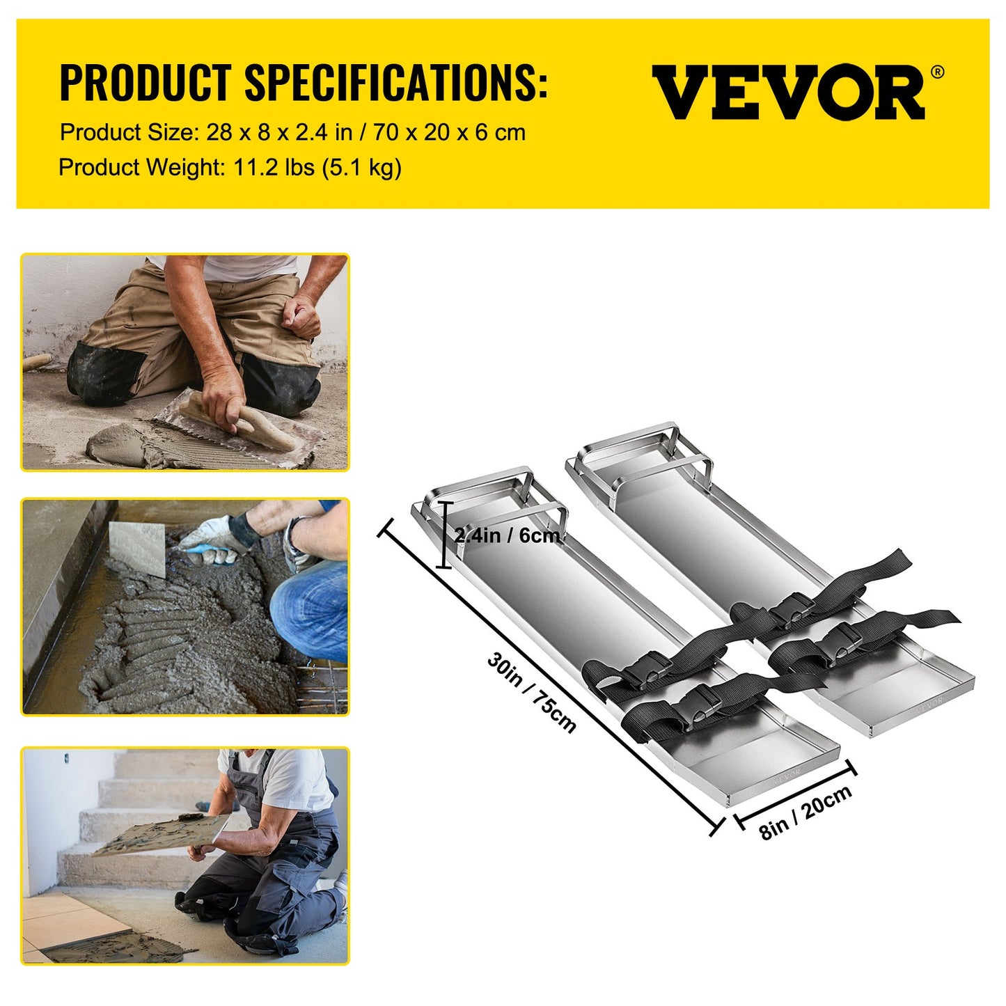 Betong Knäbrädor 30'' x 8'' Slider Knee Boards, Kneeler Board Rostfritt stål Kneeboards, Betongreglage Par rörliga skjutreglage, med betongbrädesband för cement och betongfinishi
