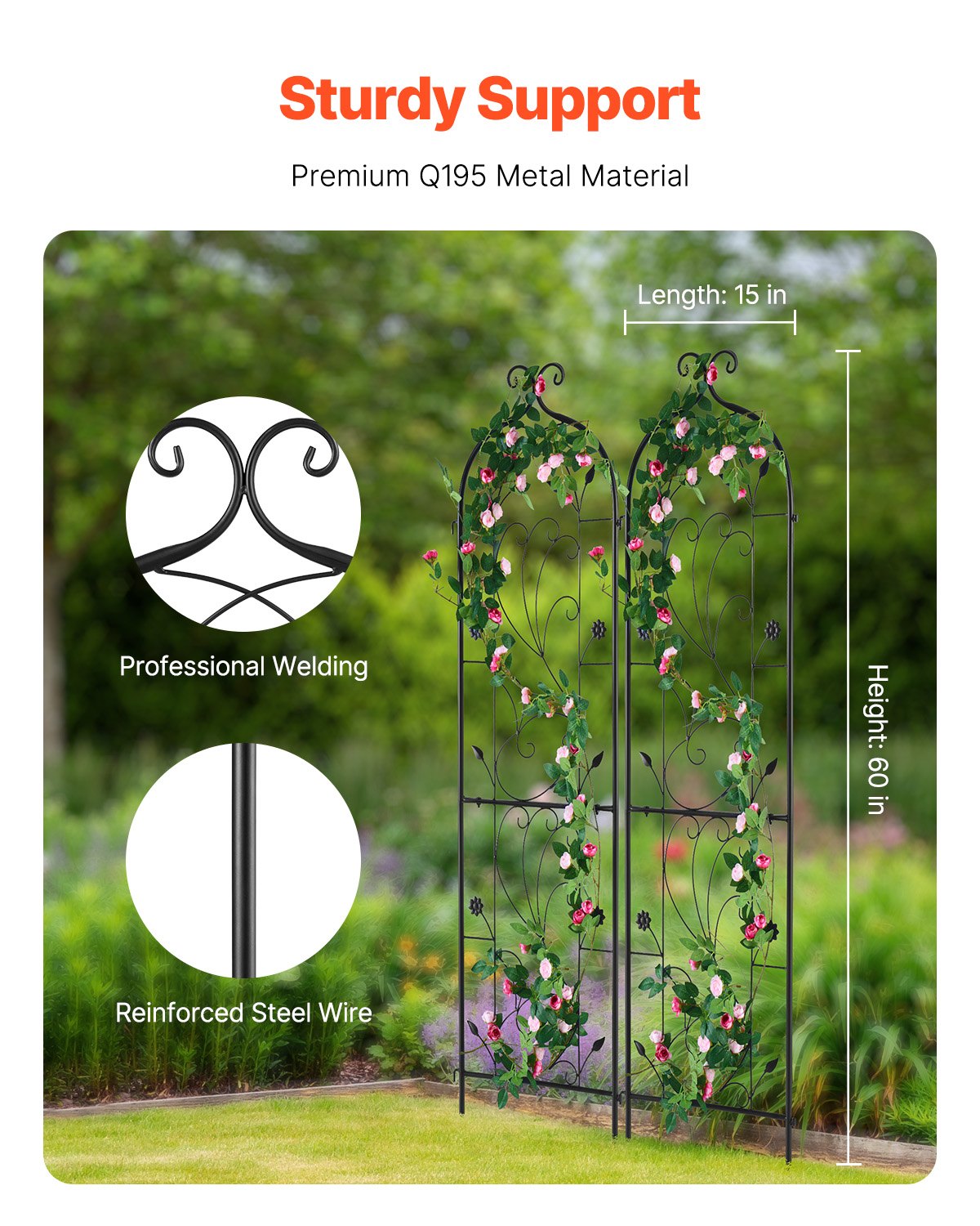 2-pack metal garden trellis for climbing plant support 60x15 in rustproof