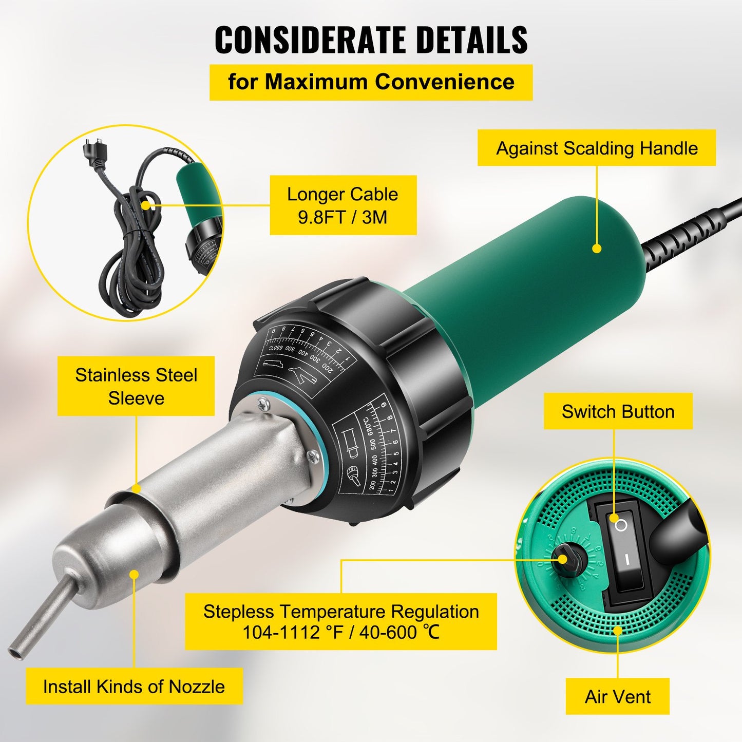 Ceiling welder, 8 pcs PVC welding gun, 1600W hot air plastic welder, 220V PVC heat gun, plastic welder with mica tube heating core, stepless temperature control 104-1112 °F Plastic welding kit