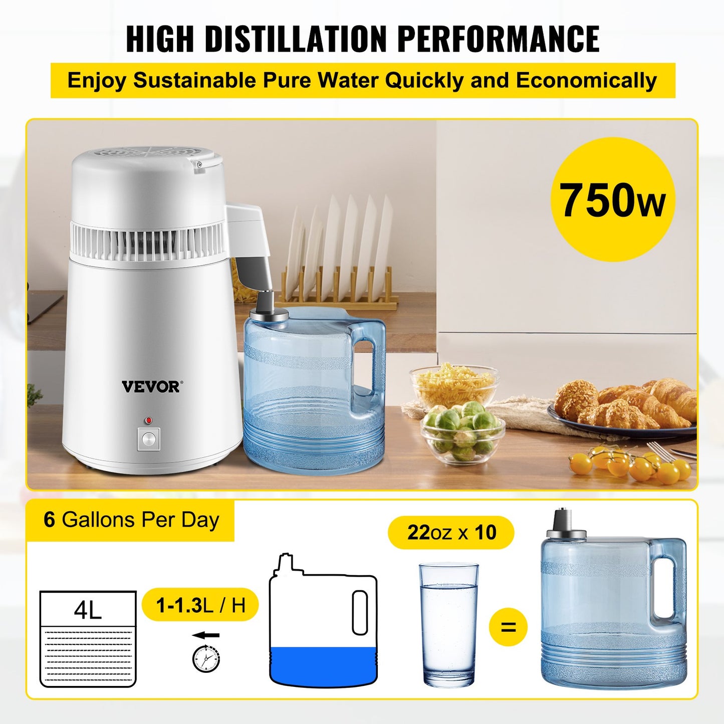 4L Pure Water Distiller 1L/h Vattenrenare Filter Dental Medical Home 220V