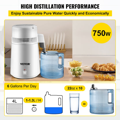 4L Pure Water Distiller 1L/h Vattenrenare Filter Dental Medical Home 220V