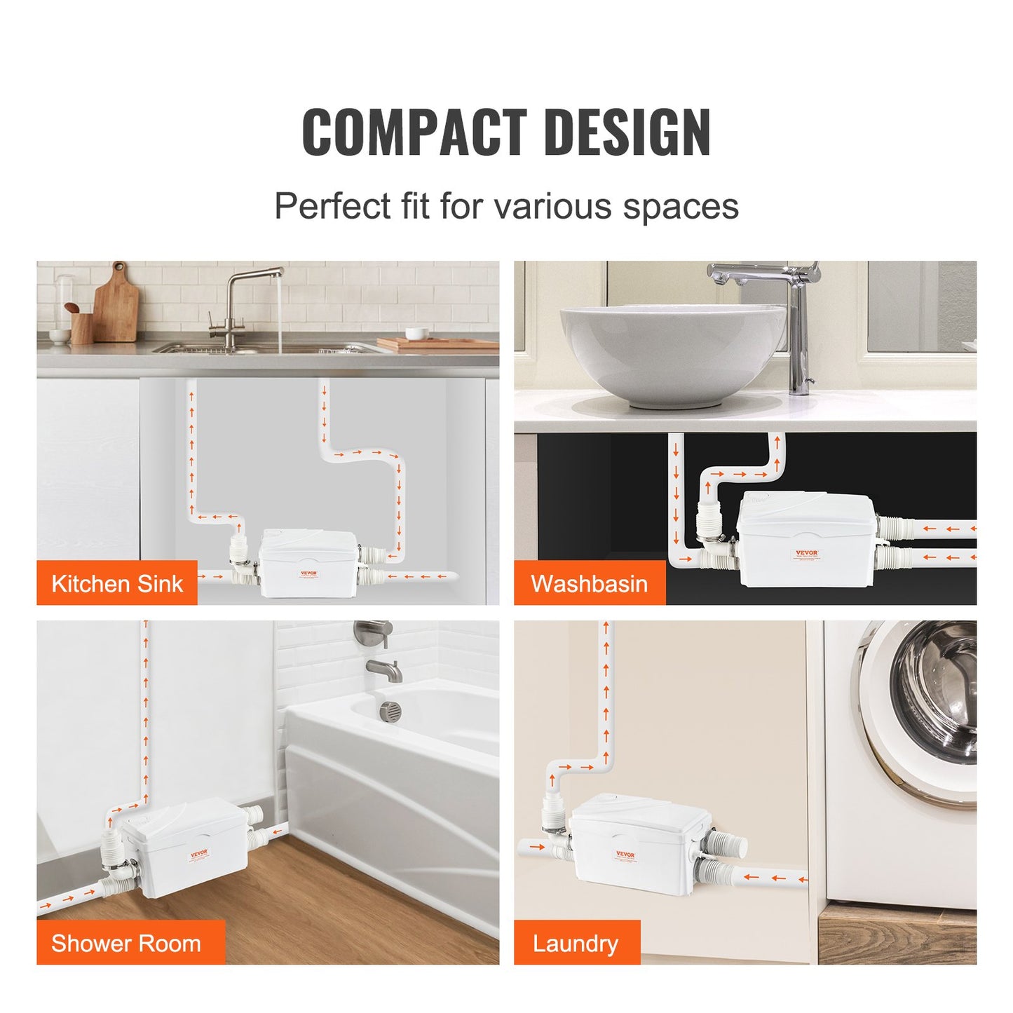 Macerator Waste Pump Basement Macerator Pump 350 W, 6000 L/h flow, 7 M discharge head, sewage pump with 3 water inlets for basement, kitchen, sink, shower, bathtub, laundry wastewater, dishwasher