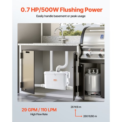 Zerhackerpumpe, 500 W, 29 GPM Durchfluss, 26 Fuß Hubhöhe für Küchen-/Kellerspülen | EU