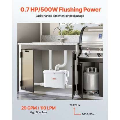 Zerhackerpumpe, 500 W, 29 GPM Durchfluss, 26 Fuß Hubhöhe für Küchen-/Kellerspülen | EU