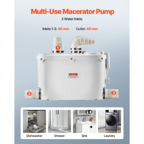 Zerhackerpumpe, 500 W, 29 GPM Durchfluss, 26 Fuß Hubhöhe für Küchen-/Kellerspülen | EU