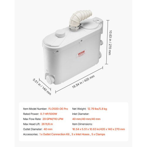 Zerhackerpumpe, 500 W, 29 GPM Durchfluss, 26 Fuß Hubhöhe für Küchen-/Kellerspülen | EU
