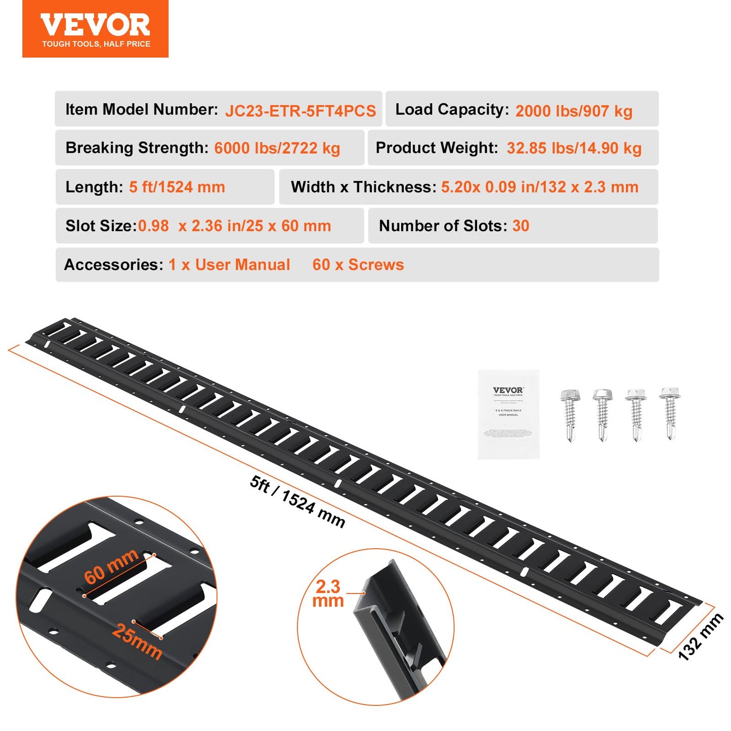 E Track Tie Down Rail Kit, 5' stålskenor, 4-pack, säker last och tung last upp till 2000 lbs, Heavy Duty Etrack-skenor med skruvar för garage, skåpbilar, släpvagnar, motorcykelfästen, ATV-fästen
