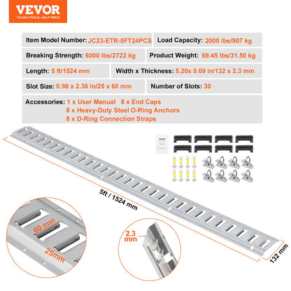 E Track Tie-Down Rail Kit, 24PCS 5' E-Tracks Set innehåller 8 stålskenor & 8 O-ringsankare & 8 fästanordningar med D-ring, mångsidiga fästtillbehör för lastmotorcyklar, 2000 lbs last