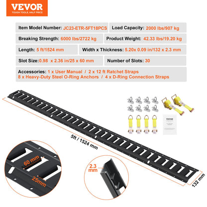 E Track Tie-Down Rail Kit, 18PCS 5' E-Tracks Set innehåller 4 stålskenor & 8 O-ringsankare & 4 fästanordningar med D-ring & 2 spärrband, Säkringstillbehör för lastmotorcyklar, 2000 lbs