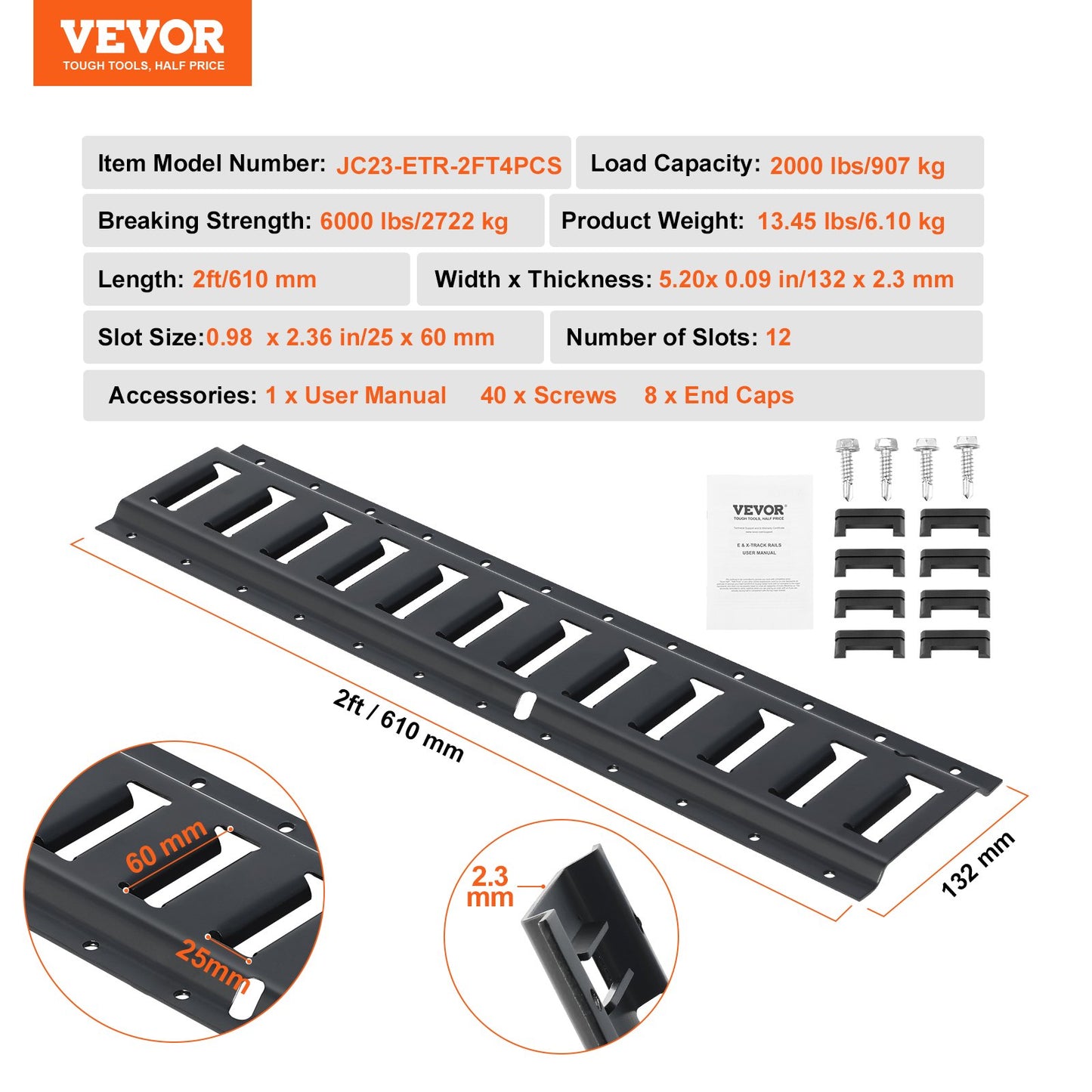 E Track Tie Down Rail Kit, 2' stålskenor, 4-pack, säker last och tunga laster upp till 2000 lbs, Heavy Duty Etrack-skenor med skruvar för garage, skåpbilar, släpvagnar, motorcykelfästen, ATV-fästen