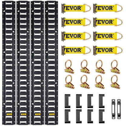 E Track Tie-Down Rail Kit, 30PCS 5FT E-Track Set includes 4 Steel Rails &amp; 2 Single Tracks &amp; 8 O-Rings &amp; 8 Fasteners with D-Ring &amp; 8 End Caps, Securing Accessories for Cargo, Motorcycles and Bicycles