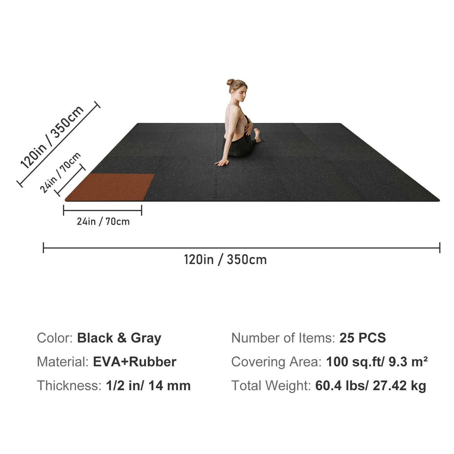 25 PCS 1/2 Inch Thick Gym Floor Mats, 24" x 24" EVA Foam and Rubber Top Interlocking Exercise Mats with 100 sq.ft Coverage, Waterproof Exercise Puzzle Flooring for Gym, Home, Garage, Basement