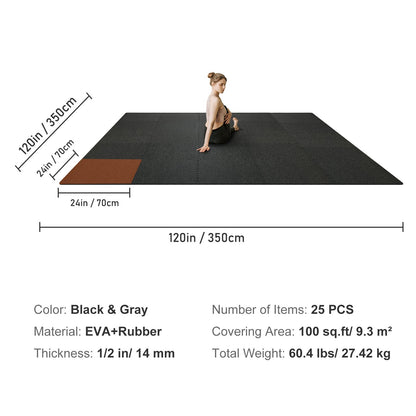 25 PCS 1/2 Inch Thick Gym Floor Mats, 24" x 24" EVA Foam and Rubber Top Interlocking Exercise Mats with 100 sq.ft Coverage, Waterproof Exercise Puzzle Flooring for Gym, Home, Garage, Basement
