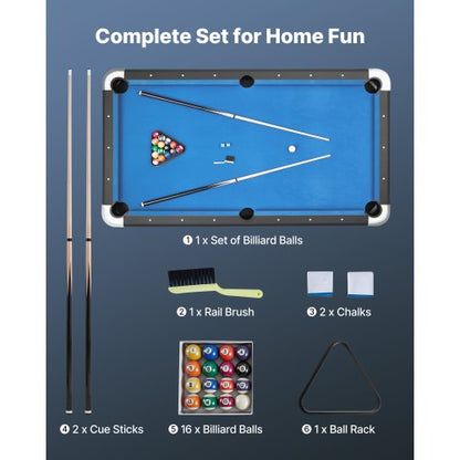 Biljardbord, 213 cm Bärbara Biljardbord, Justerbara Fötter Stabilt Spelbord, Underhållningsset Inkluderar Boll, Kö, Ställ, Krita och Borste, Svart med Blå Tyg, För Familjebruk, Rekreationsrum |  EU