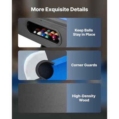 Biljardbord, 213 cm Bärbara Biljardbord, Justerbara Fötter Stabilt Spelbord, Underhållningsset Inkluderar Boll, Kö, Ställ, Krita och Borste, Svart med Blå Tyg, För Familjebruk, Rekreationsrum |  EU