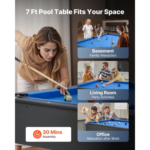 Biljardbord, 213 cm Bärbara Biljardbord, Justerbara Fötter Stabilt Spelbord, Underhållningsset Inkluderar Boll, Kö, Ställ, Krita och Borste, Svart med Blå Tyg, För Familjebruk, Rekreationsrum |  EU