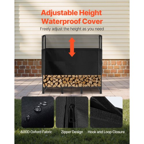 Vedställ med vattentätt lock, 1,22 m vedhållare för utomhusbruk, metallvedhållare med 1/4-snöre, maxviktskapacitet 180 kg, topptäckt, pulverlackerat vedställ för öppen spis |  EU