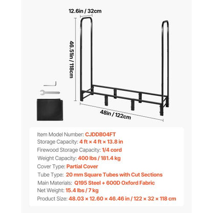 Vedställ med vattentätt lock, 1,22 m vedhållare för utomhusbruk, metallvedhållare med 1/4-snöre, maxviktskapacitet 180 kg, topptäckt, pulverlackerat vedställ för öppen spis |  EU