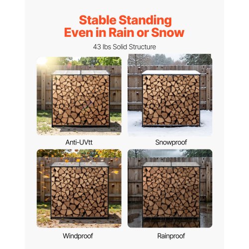 Vedställ med sluttande tak, 143 cm vedhållare för utomhusbruk, vedskjul med 1/4-snöre, maxvikt 299 kg, pulverlackerat vedställ i metall för öppen spis, altan, trädgård |  EU