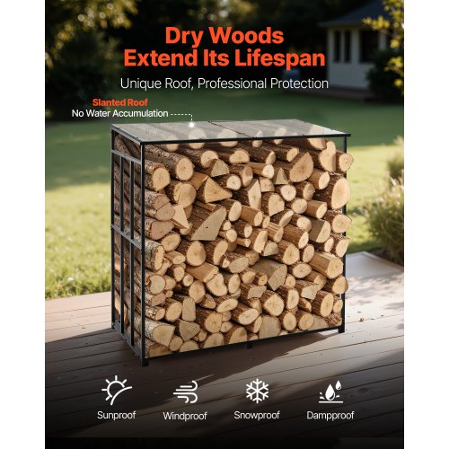 Vedställ med sluttande tak, 1,85 m vedhållare för utomhusbruk, vedskjul med 1/4-snöre, maxvikt 299 kg, pulverlackerat vedställ i metall för öppen spis, altan, trädgård |  EU