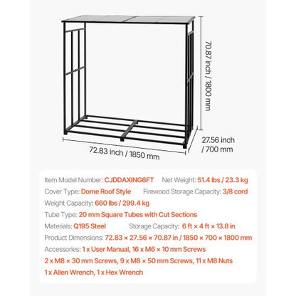 Vedställ med sluttande tak, 1,85 m vedhållare för utomhusbruk, vedskjul med 1/4-snöre, maxvikt 299 kg, pulverlackerat vedställ i metall för öppen spis, altan, trädgård |  EU