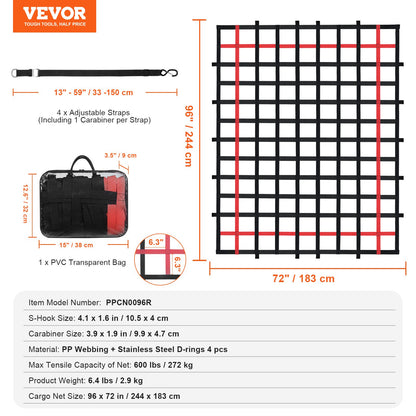Cargo Net Heavy Duty Cargo Net 96" x 72" justerbara spännen och S-krokar