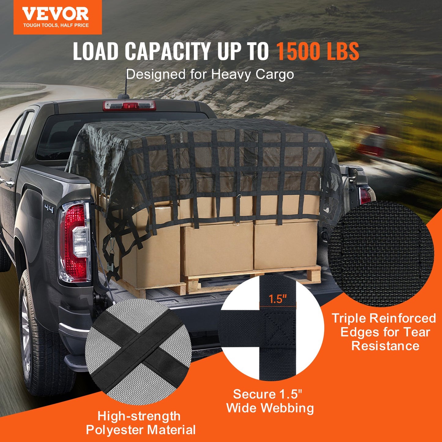 Cargo Net Heavy Duty Cargo Net 120" x 105" justerbara spännen och S-krokar