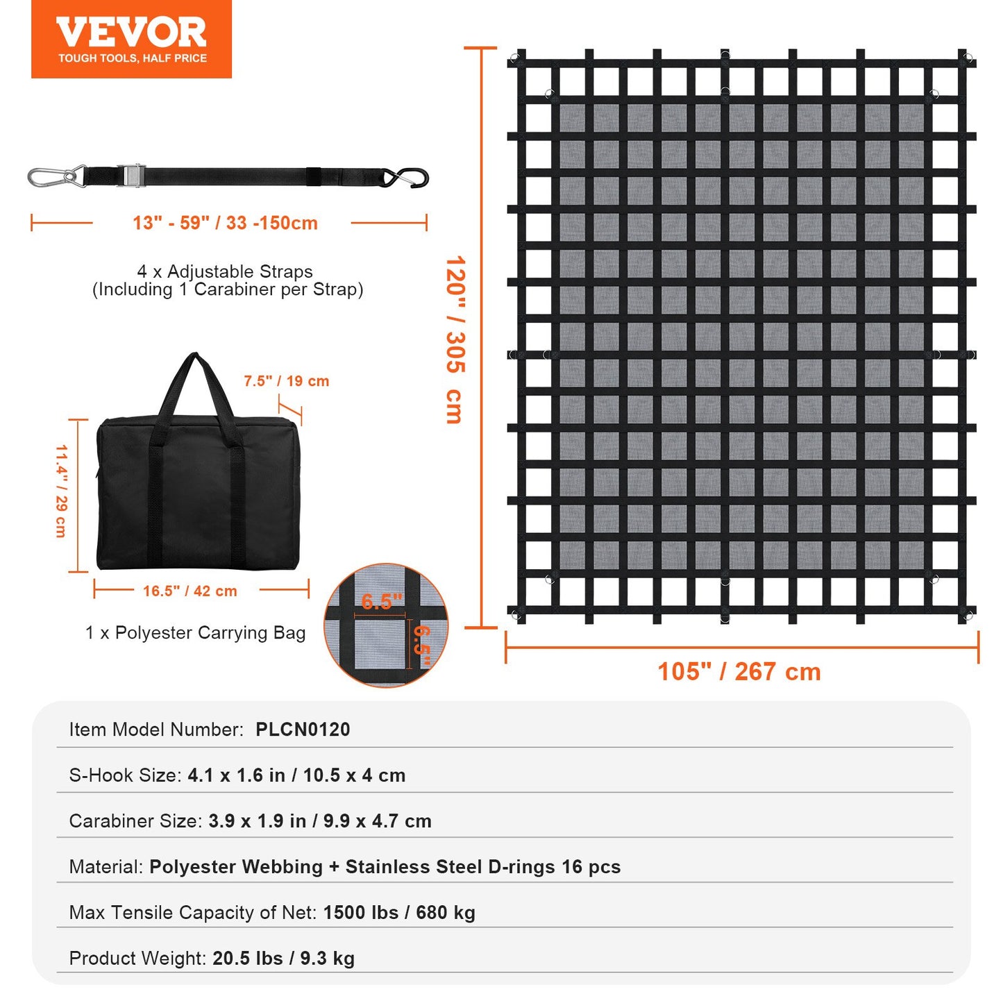 Cargo Net Heavy Duty Cargo Net 120" x 105" justerbara spännen och S-krokar