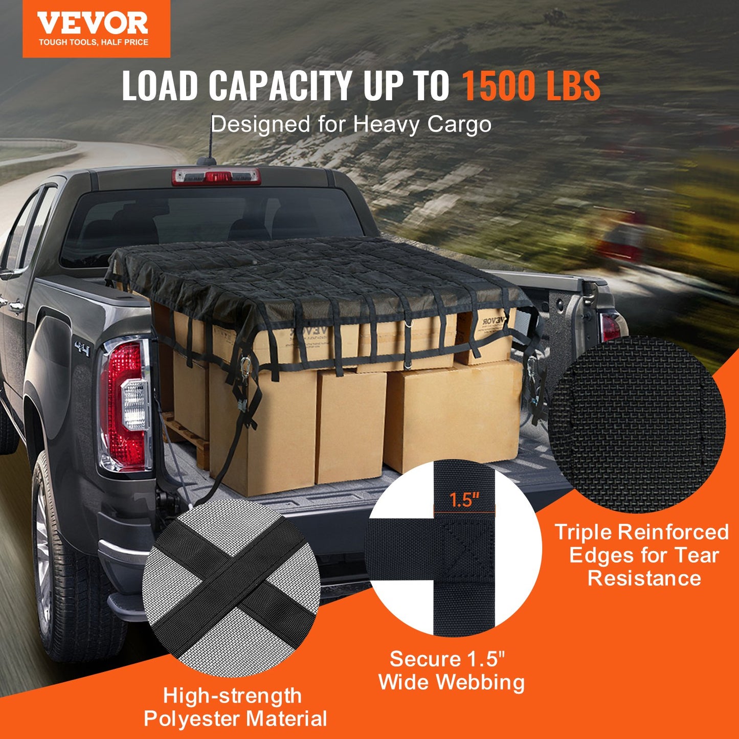 Cargo Net Heavy Duty Cargo Net 96" x 81" justerbara spännen och S-krokar