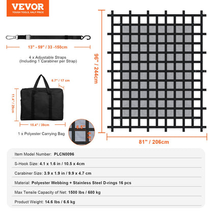 Cargo Net Heavy Duty Cargo Net 96" x 81" justerbara spännen och S-krokar