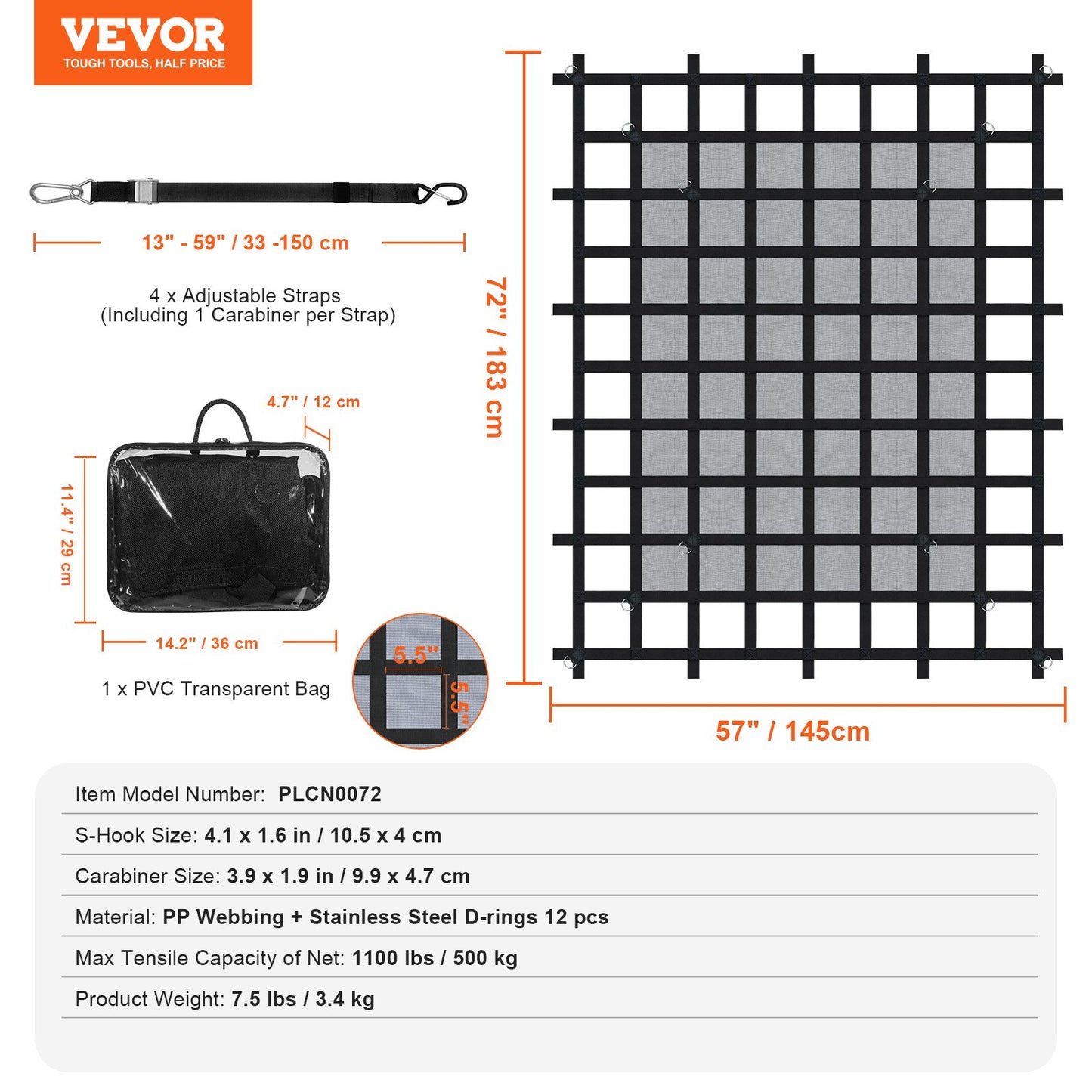 Cargo Net Heavy Duty Cargo Net 72" x 57" Adjustable Buckles and S-Hooks