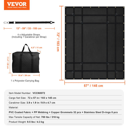 Cargo Net Heavy Duty Cargo Net 72" x 57" Adjustable Buckles and S-Hooks