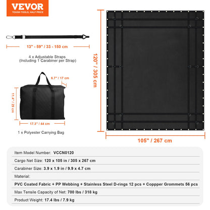 Cargo Net Heavy Duty Cargo Net 120" x 105" Adjustable Buckles and S-Hooks