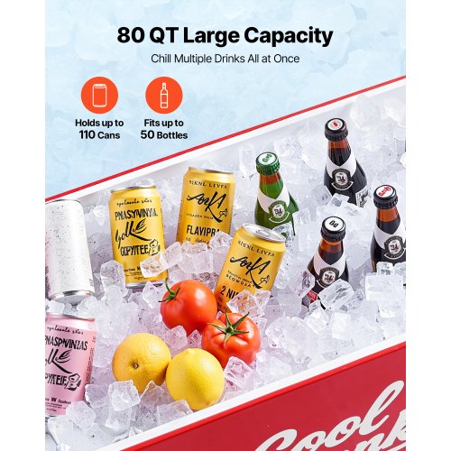 75,71 L rullande kylbox, rymmer upp till 50 flaskor / 110 burkar, bärbar kylvagn för uteplats, fest och bar med 4 svängbara hjul (2 med bromsar), kylvagn för dryck med flasköppnare, röd |  EU
