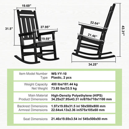 Porch Rocker HIPS Outdoor Rocking Chair High Back 2 pcs 400 lbs Weight