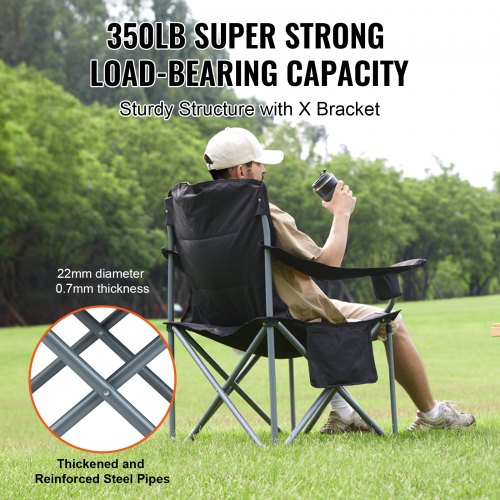 Camping hopfällbar stol för vuxna, bärbar Heavy Duty Outdoor Quad Kuddfodrade fåtöljer med sidofickor, mugghållare och kylväska för strand, gräsmatta, picknick, fiske, backpacking, svart |  EU