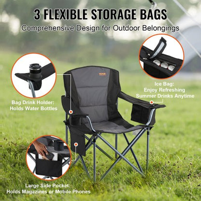 Camping Folding Chair for Adults, Portable Heavy Duty Outdoor Quad Cushioned Armchairs with Side Pockets, Cup Holder and Cooler Bag for Beach, Lawn, Picnic, Fishing, Backpacking, Black | EU