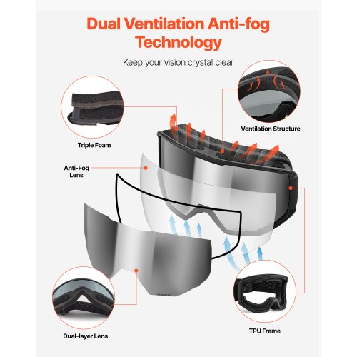 Skidglasögon, cylindriska linser med silverspegelbeläggning, OTG anti-imma snöglasögon för män kvinnor ungdomar, TPU-ram och ventilationsstruktur, lämpliga för skidåkning, skridskoåkning, snowboardåkning, cykling |  EU