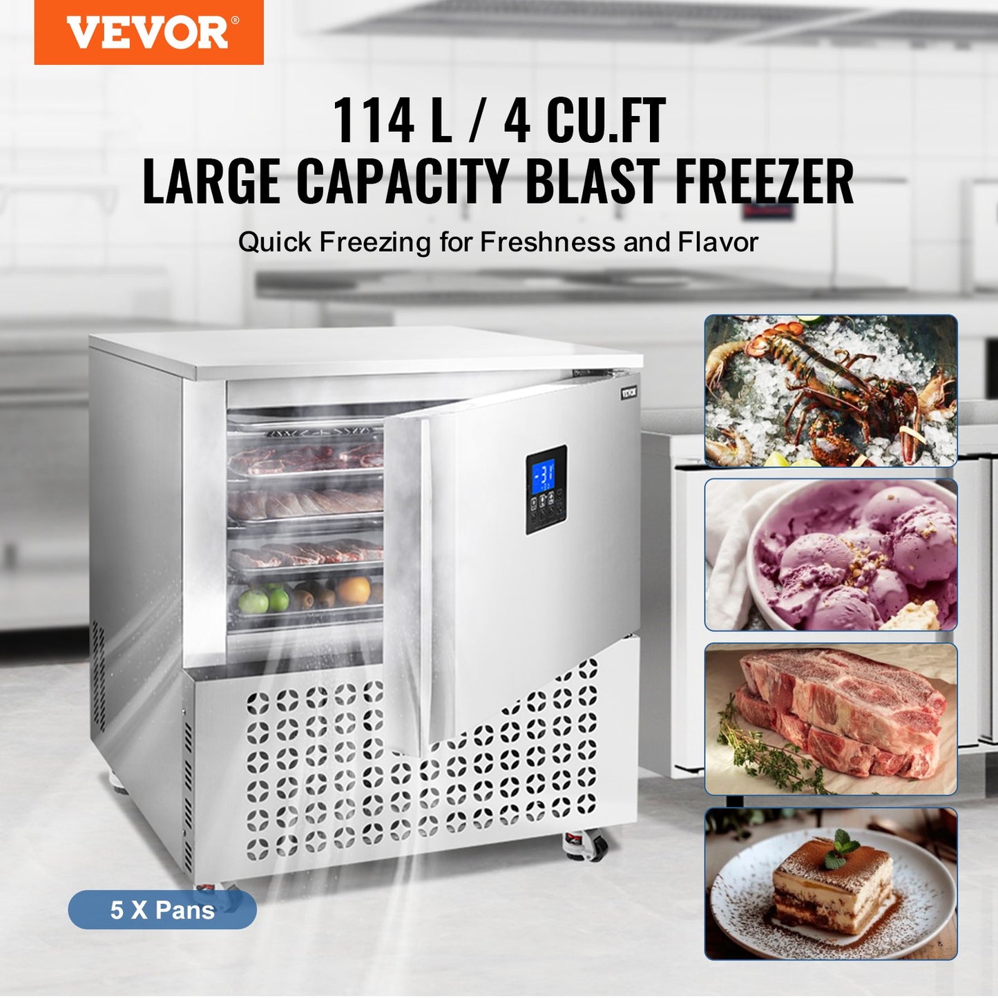 114L Commercial Blast Freezer 5 Compartments Blast Chiller Chest Seafood Gelato