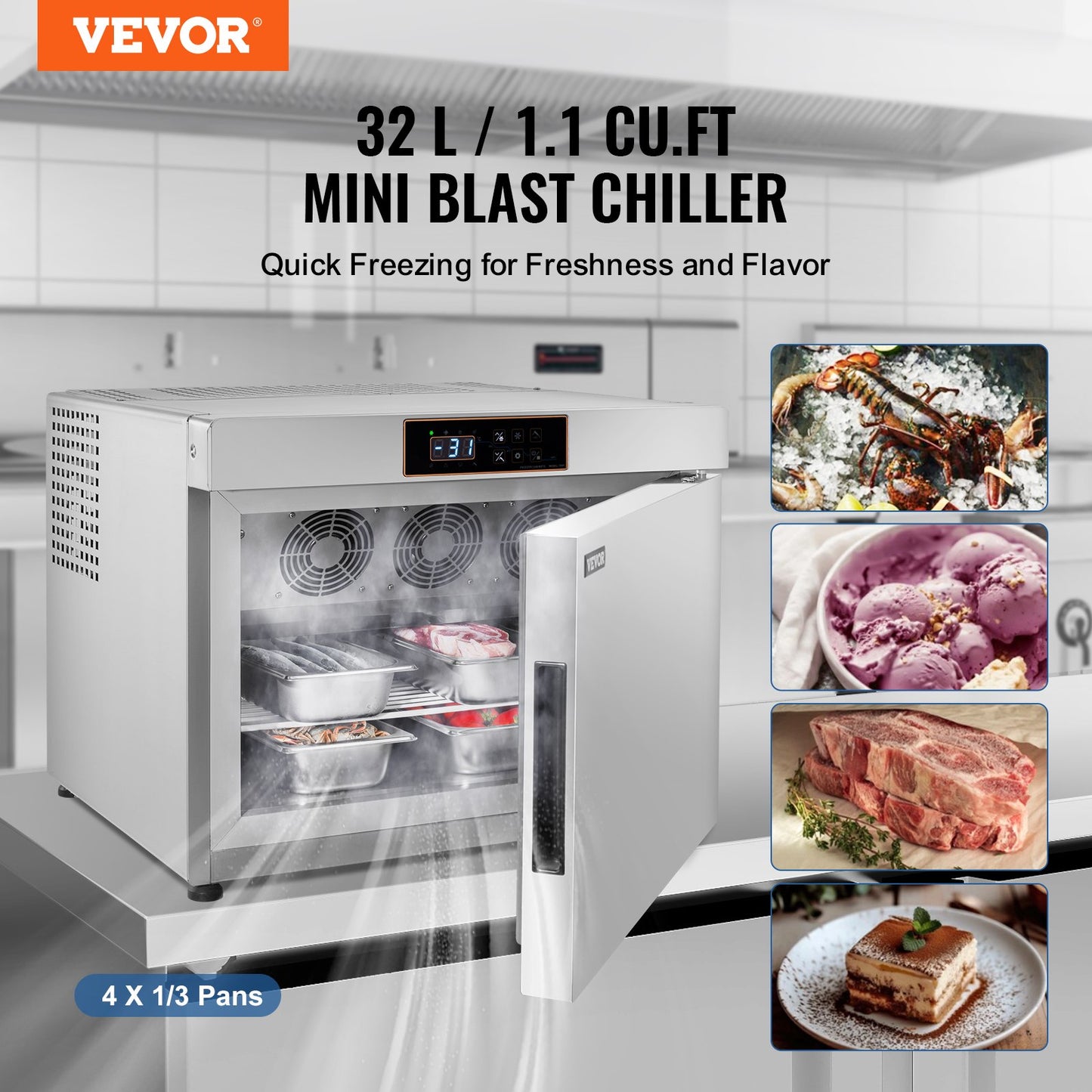 32L kommersiell blastfrys 4 fack Blast Chiller Chest Seafood Glass