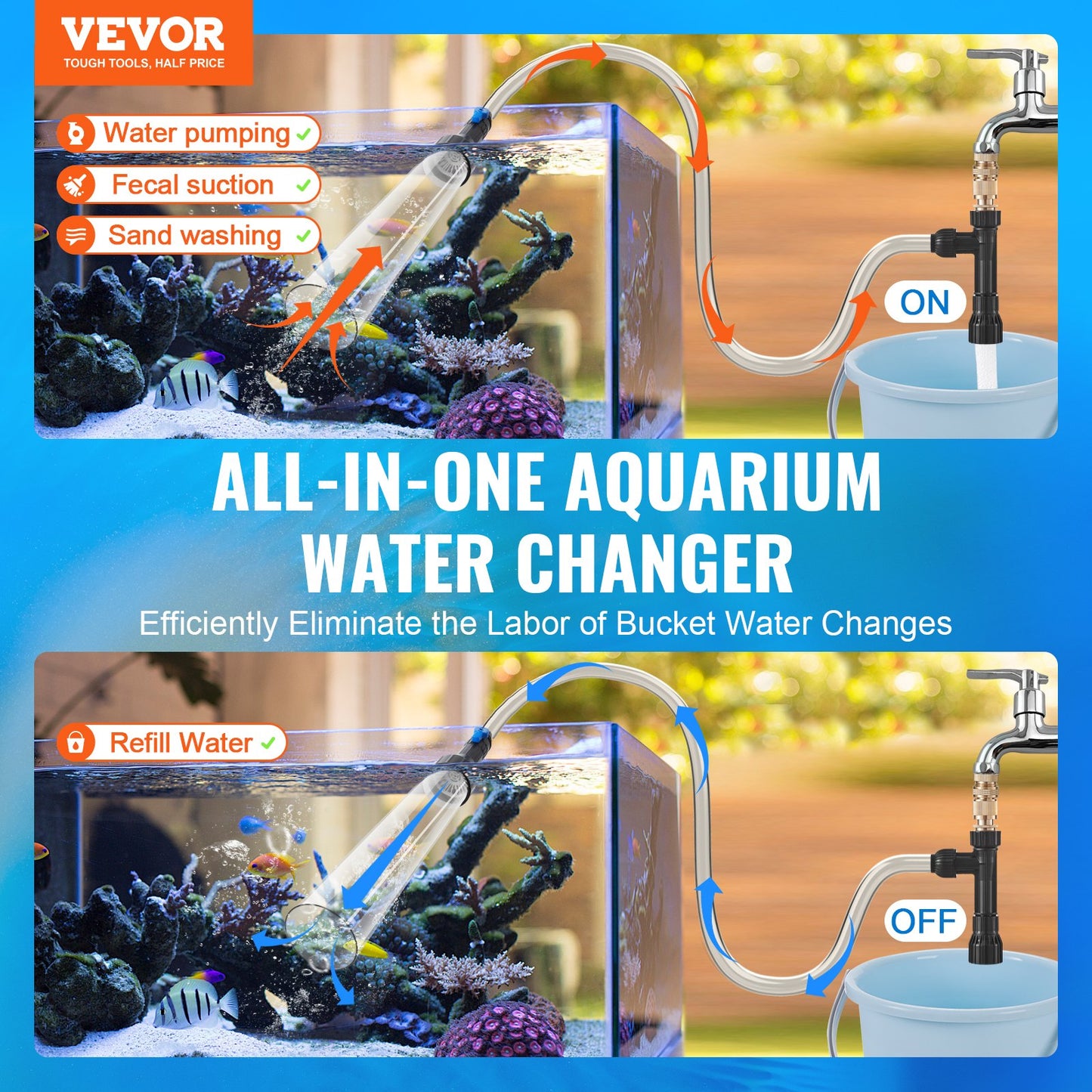 Aquarium-Staubsauger, 7,6 m PVC-Schlauch, Aquarium-Staubsauger, Kiessauger, Siphon-Staubsauger, 3 Arten von Messingadaptern, zum Reinigen von Kies und Sand