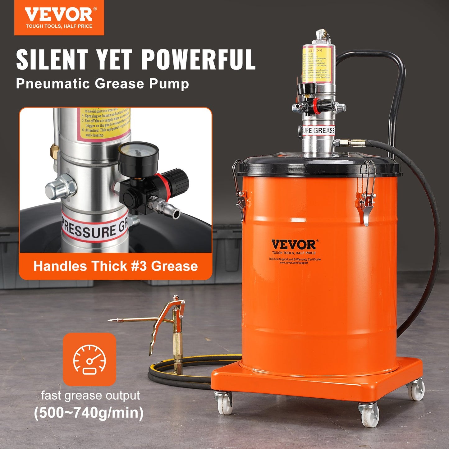 Fettpump, 10,5 gallon 40L luftdriven fettpump med 13 fot högtrycksslang och fettspruta, pneumatisk smörjhinkpump med hjul, bärbar smörjfettspump 50:1 tryckförhållande